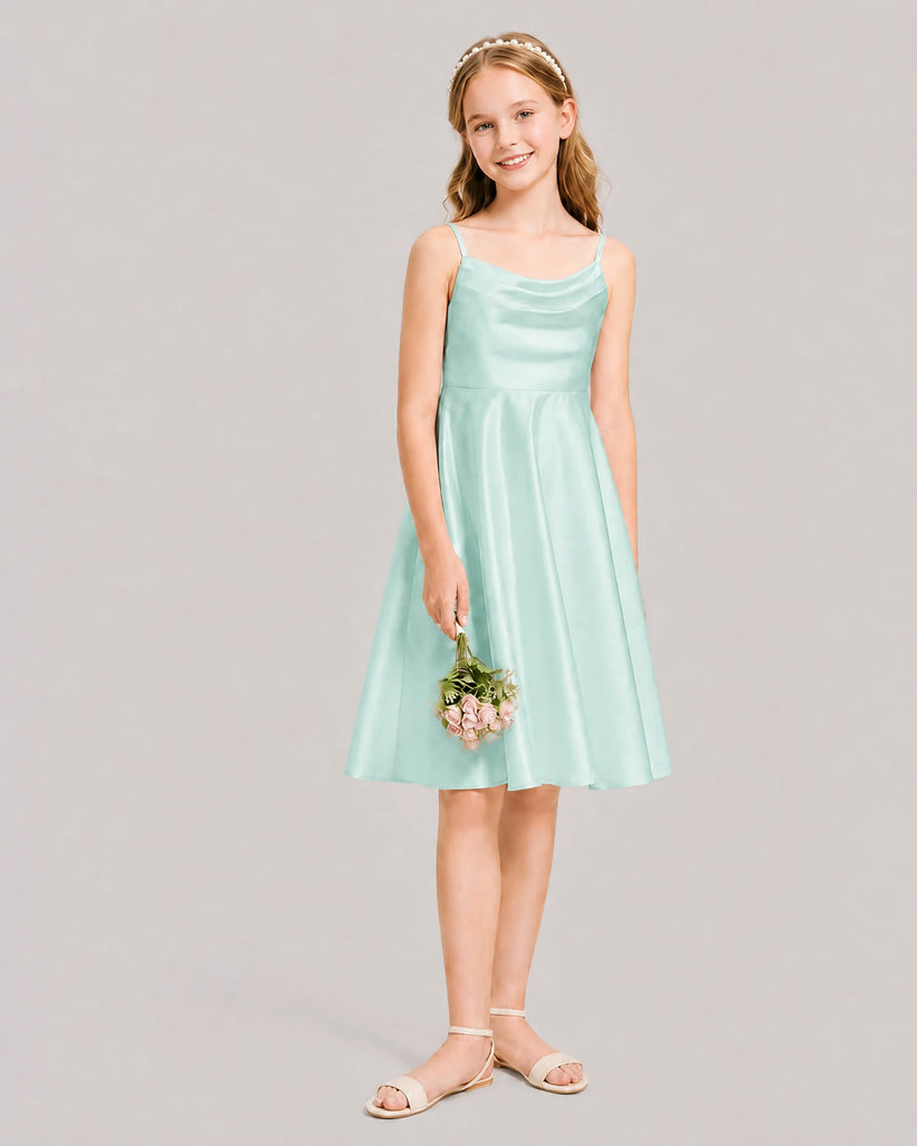 Mist Satin A-line Junior Bridesmaid Dress Front View