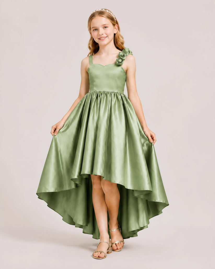 Olive Green Satin A-line Girls Formal Dress Front View 