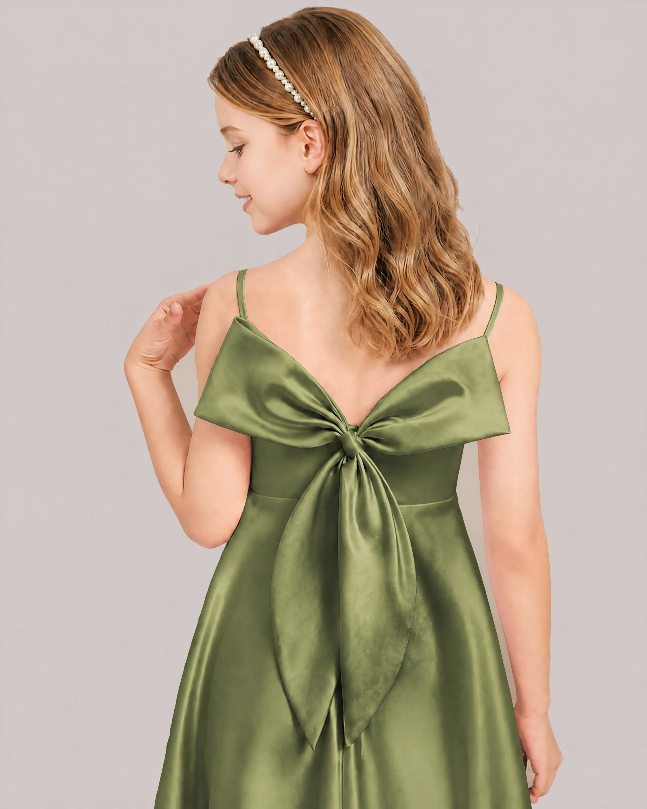 Olive Green Satin Short Flower Girl Dress 