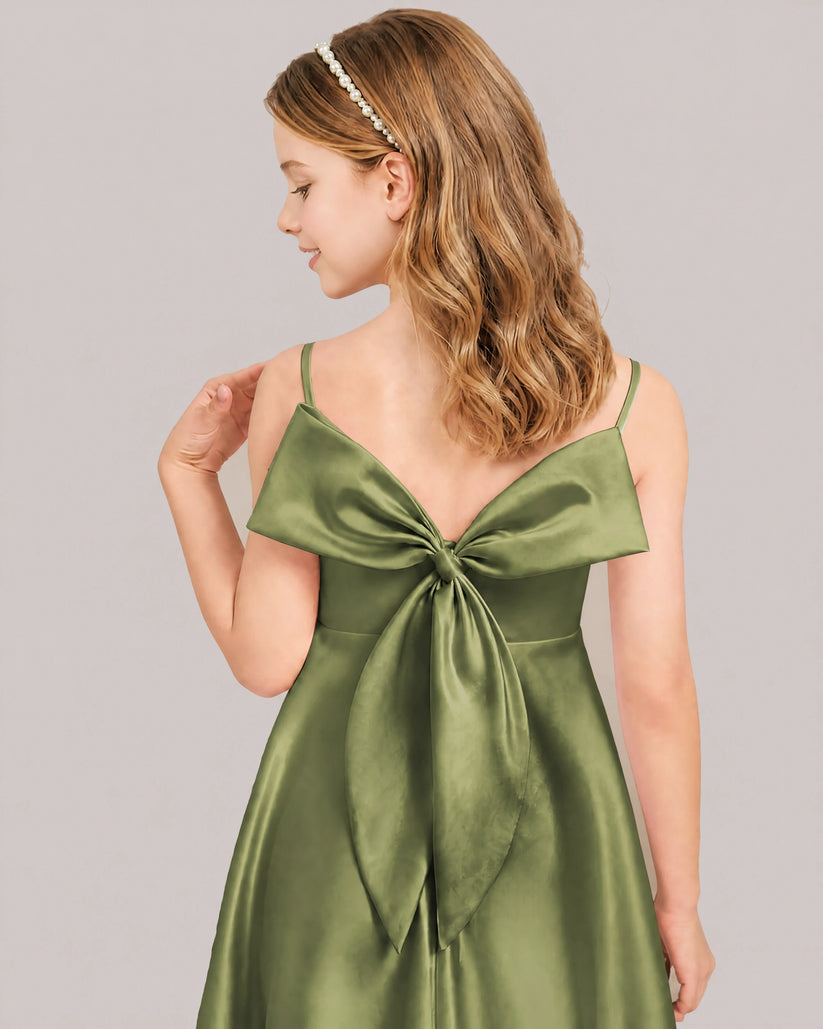 Olive Satin A-line Junior Bridesmaid Dress Back View