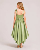 Olive Green Satin A-line Girls Formal Dress Back View