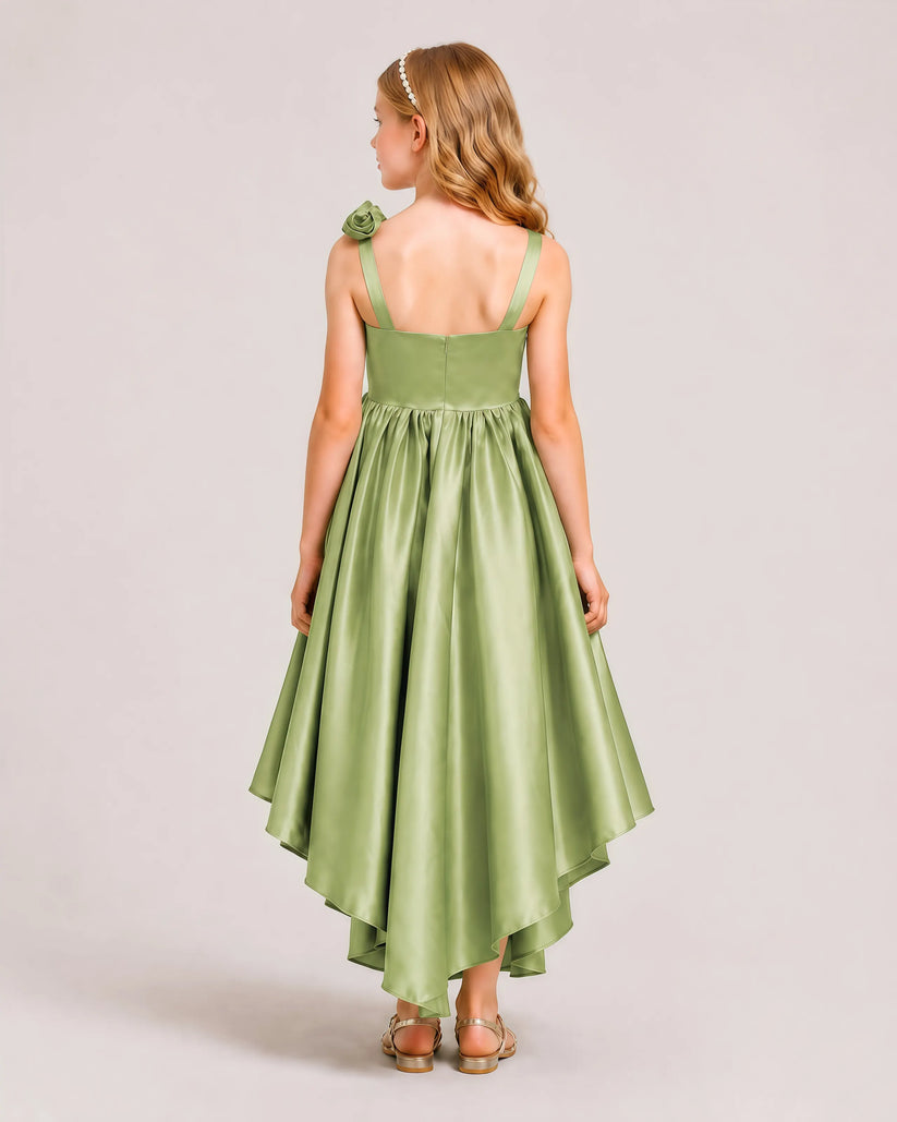 Olive Green Satin A-line Girls Formal Dress Back View