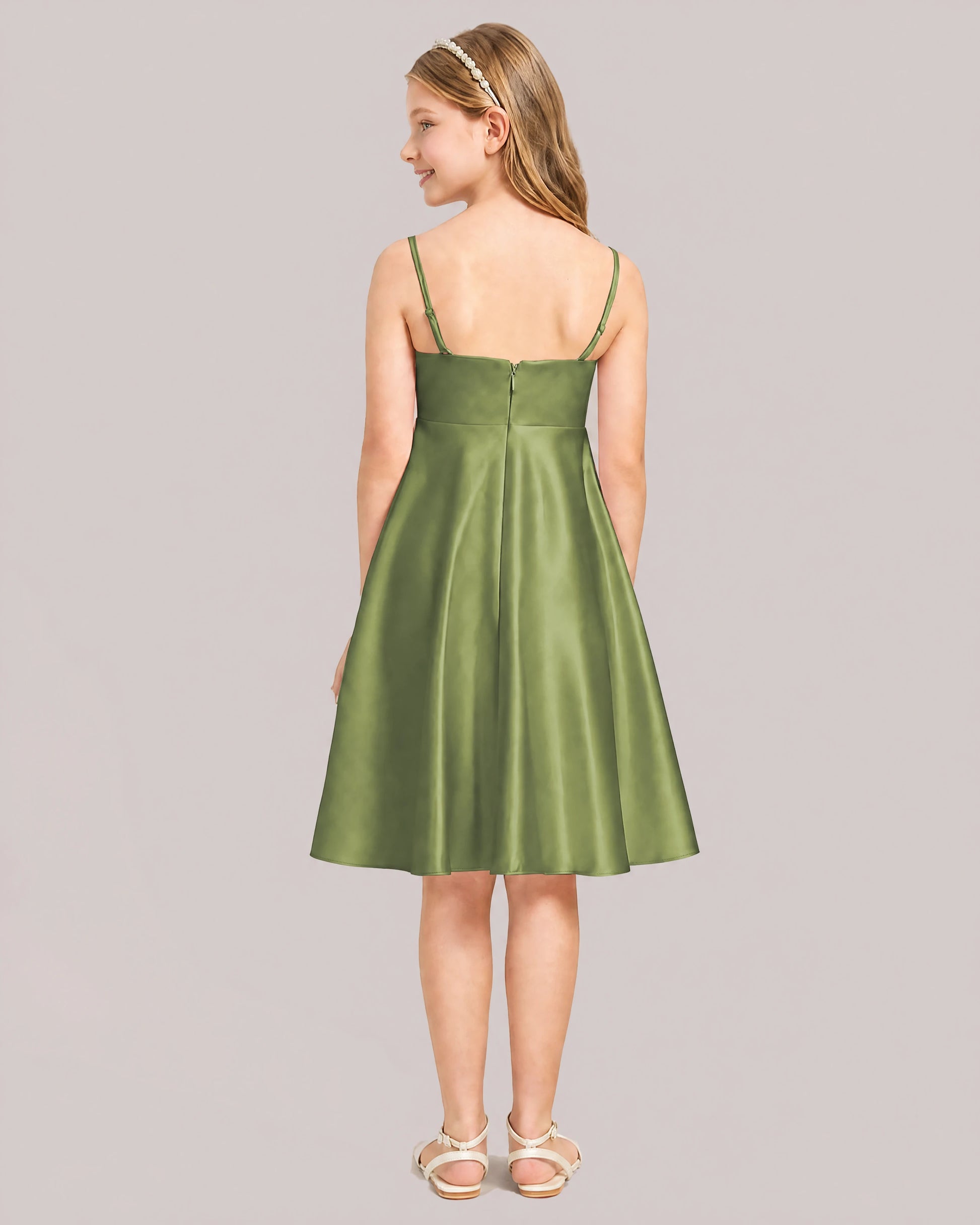 Olive Green Satin Short Flower Girl Dress 