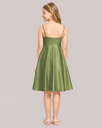 Olive Green Satin Short Flower Girl Dress 