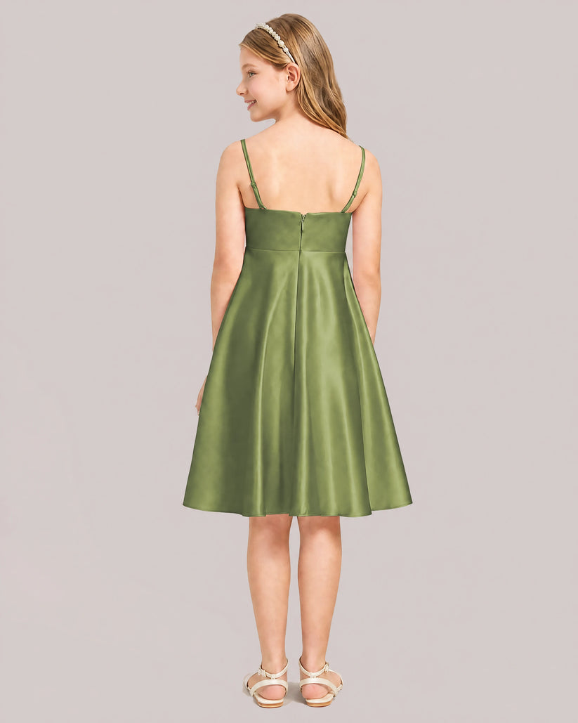 Olive Satin A-line Junior Bridesmaid Dress Back View