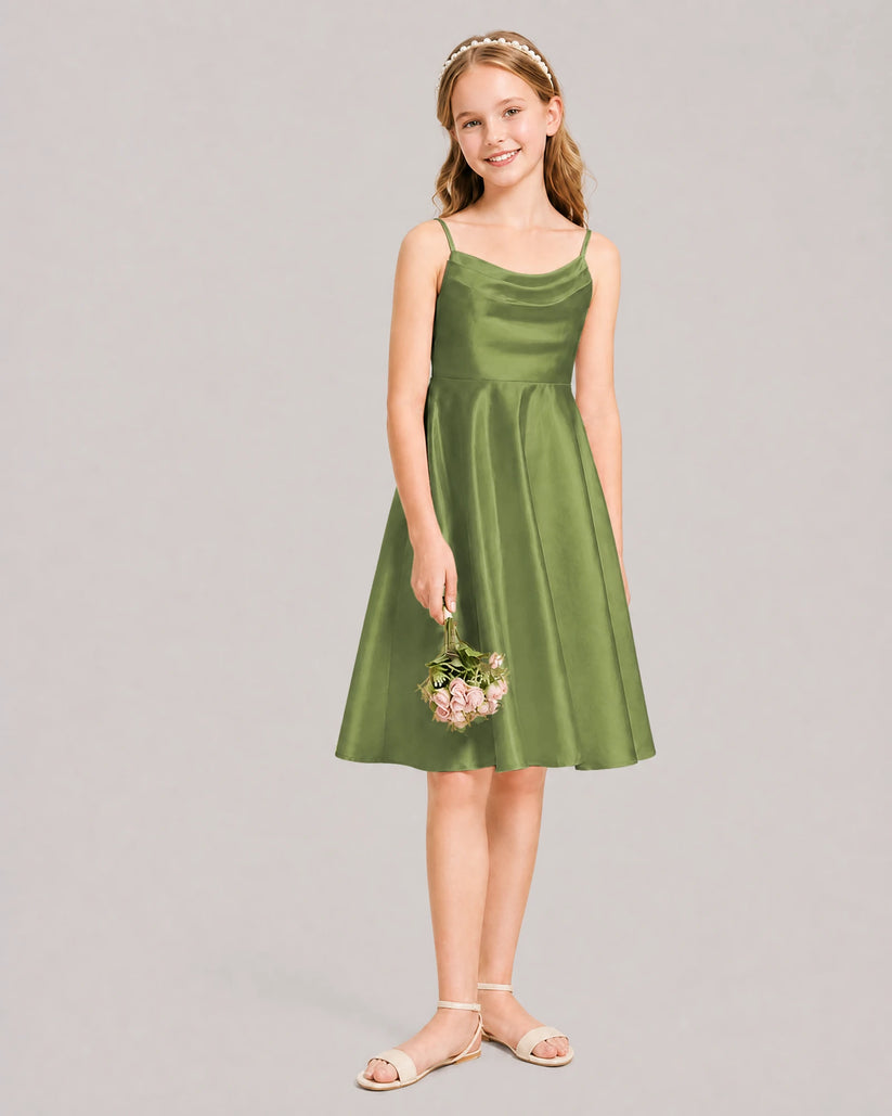 Olive Satin A-line Junior Bridesmaid Dress Front View