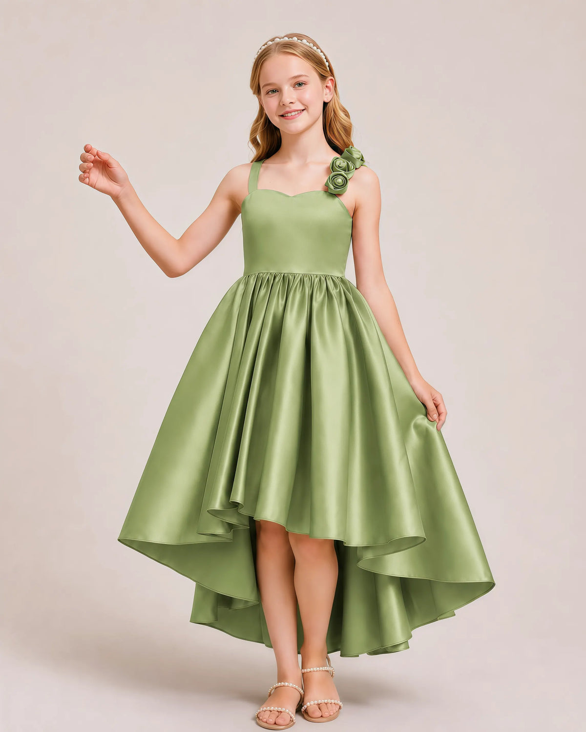Olive Green Satin A-line Girls Formal Dress Front View