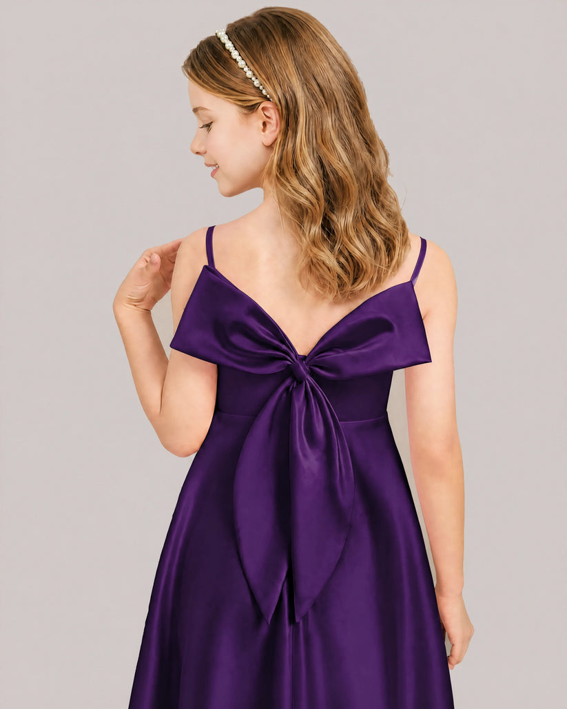 Purple Satin A-line Junior Bridesmaid Dress Back View