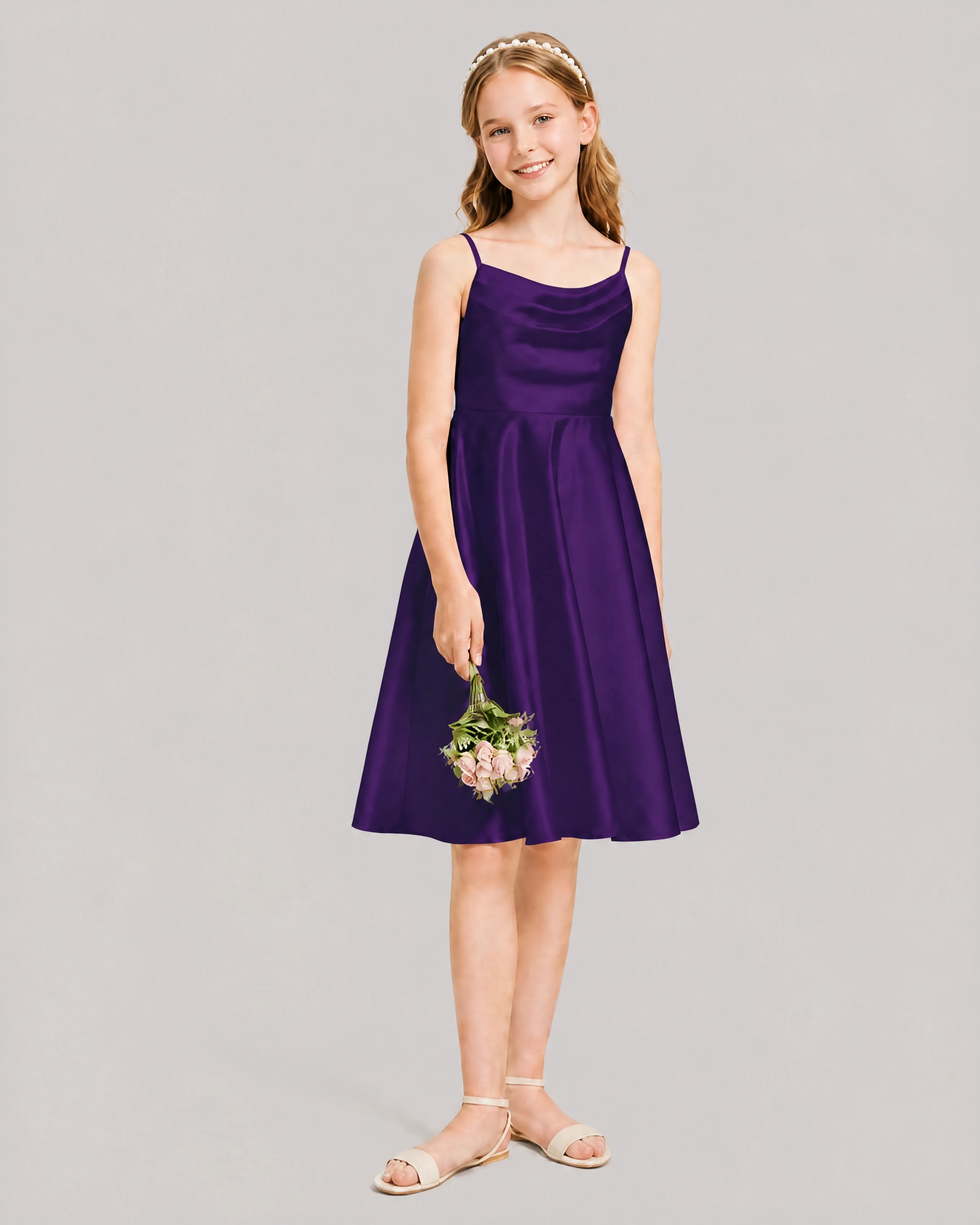 Purple Satin Short Flower Girl Dress 