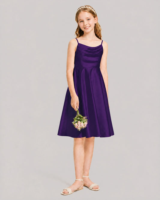 Purple Satin A-line Junior Bridesmaid Dress Front View