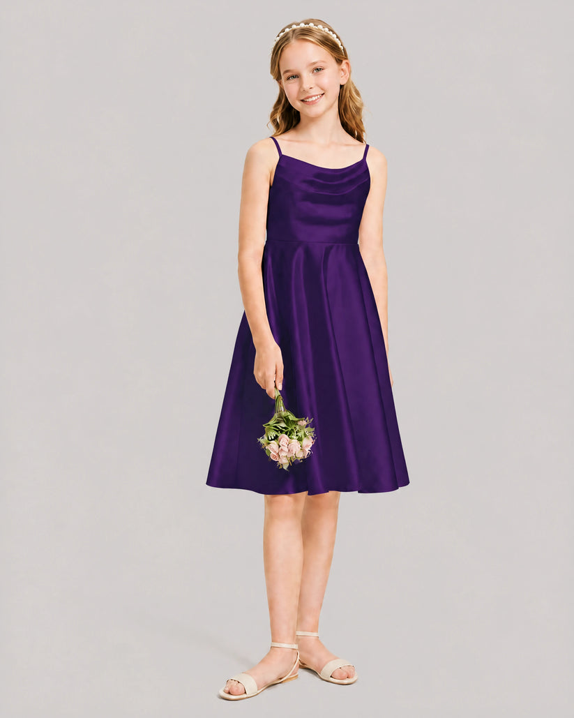 Purple Satin A-line Junior Bridesmaid Dress Front View