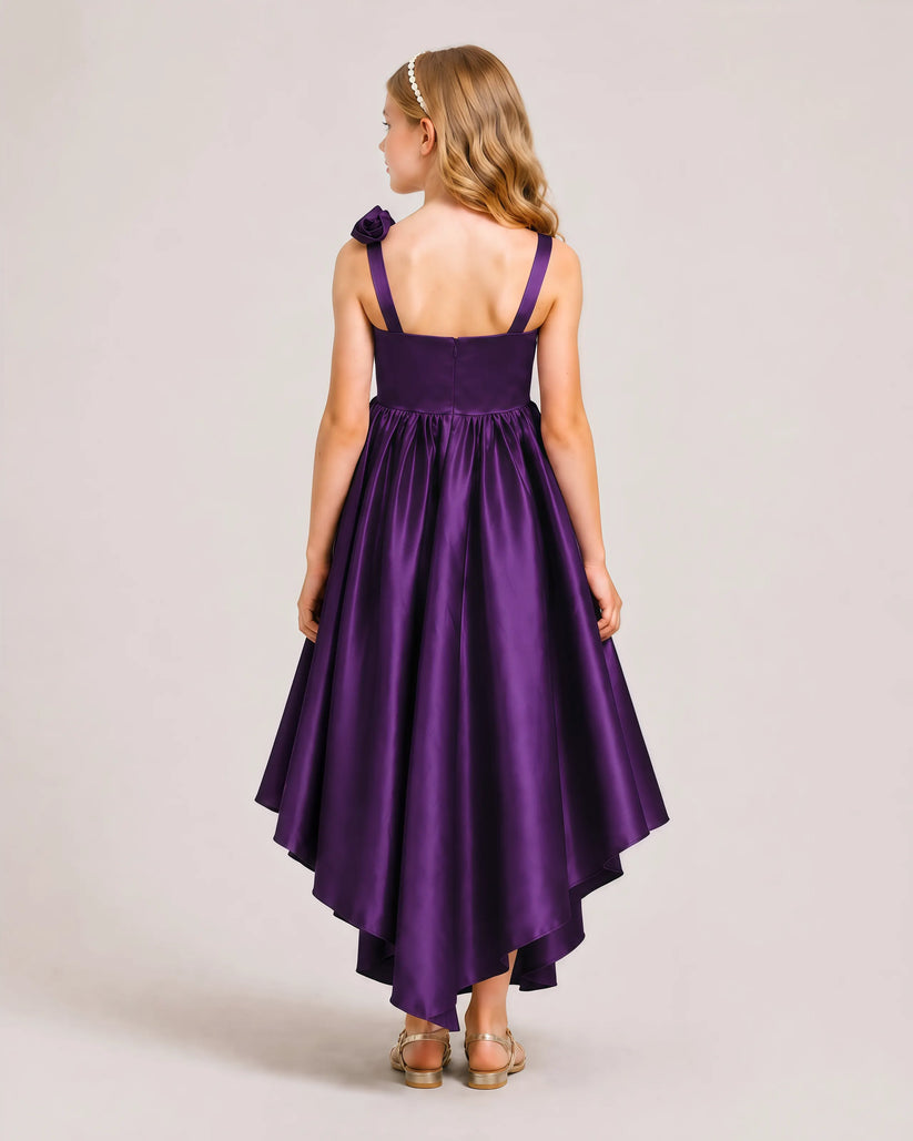 Purple Satin A-line Girls Formal Dress Back View