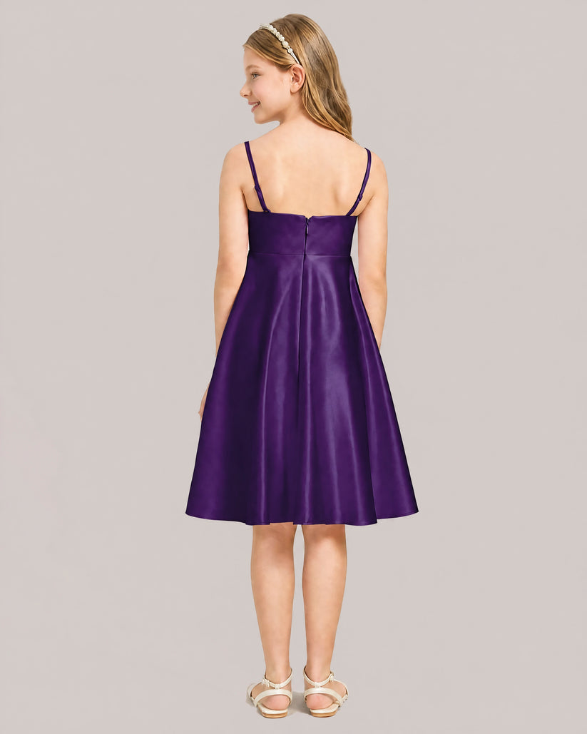 Purple Satin A-line Junior Bridesmaid Dress Back View