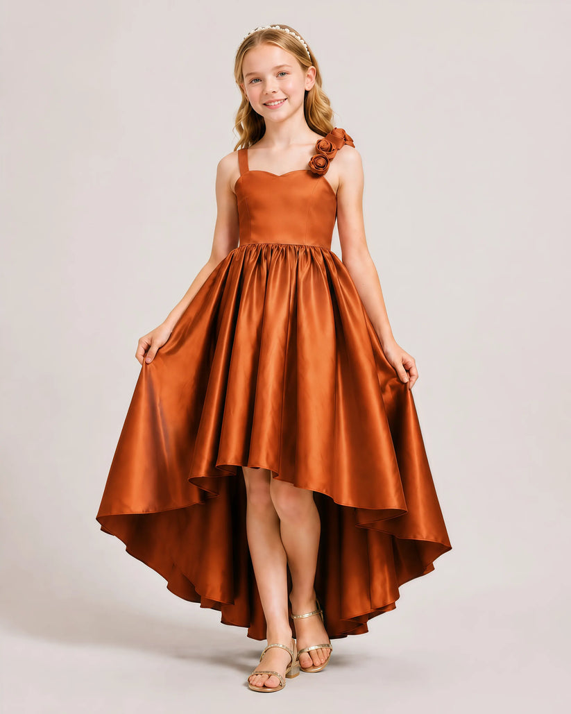 Burnt Orange Satin A-line Girls Formal Dress Front View