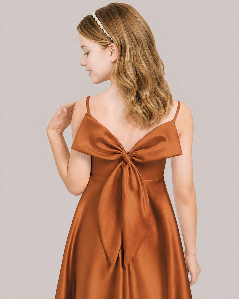 Burnt Orange Satin A-line Junior Bridesmaid Dress Back View