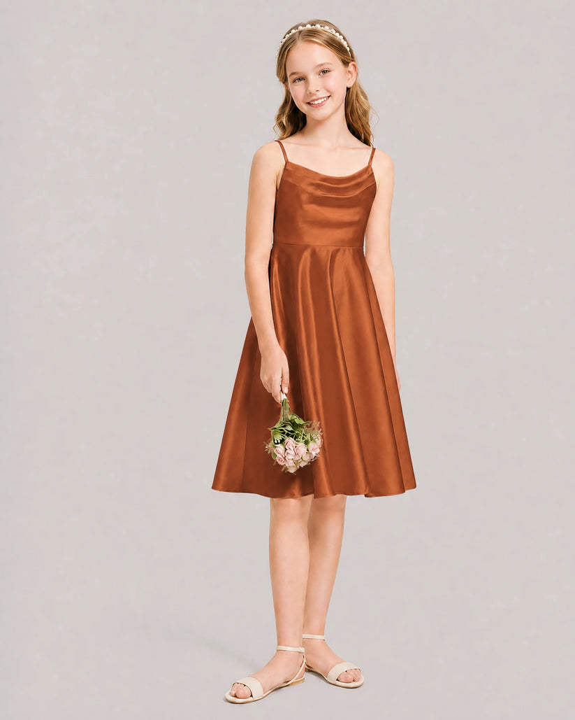 Burnt Orange Satin A-line Junior Bridesmaid Dress Front View