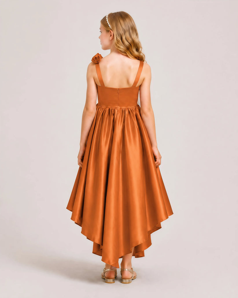 Burnt Orange Satin A-line Girls Formal Dress Back View