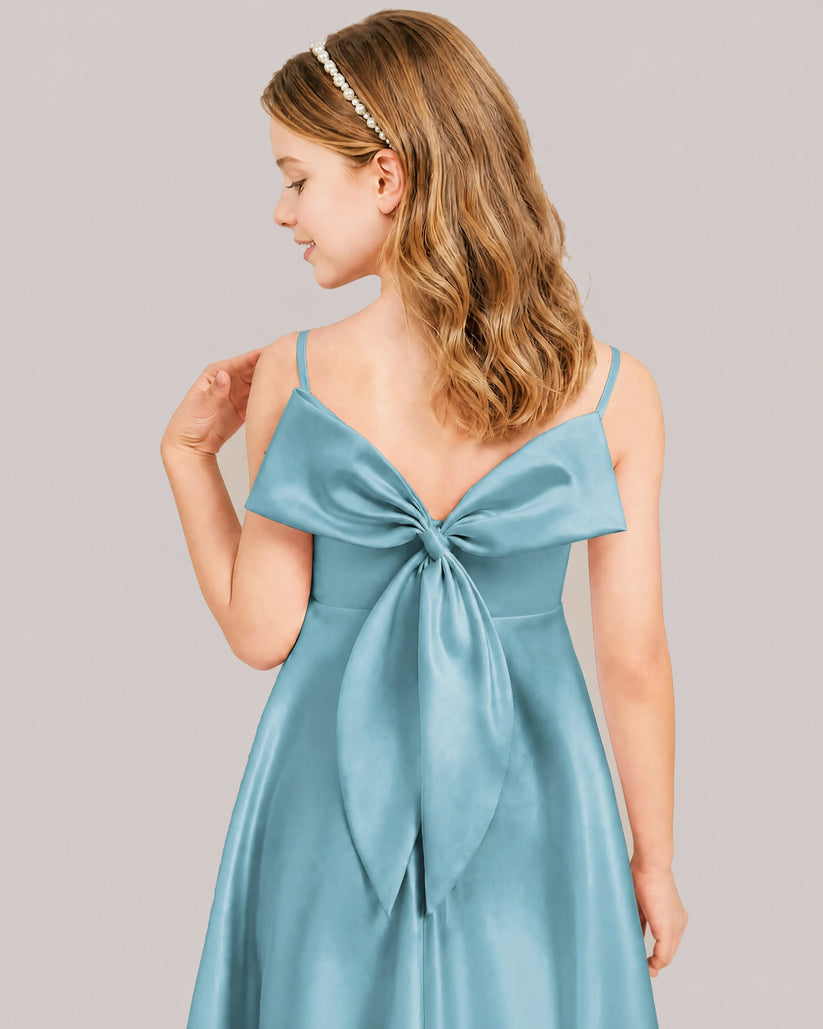 Turquoise Satin A-line Junior Bridesmaid Dress Back View