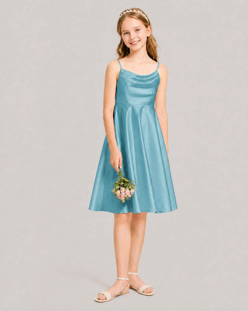 Turquoise Satin A-line Junior Bridesmaid Dress Front View