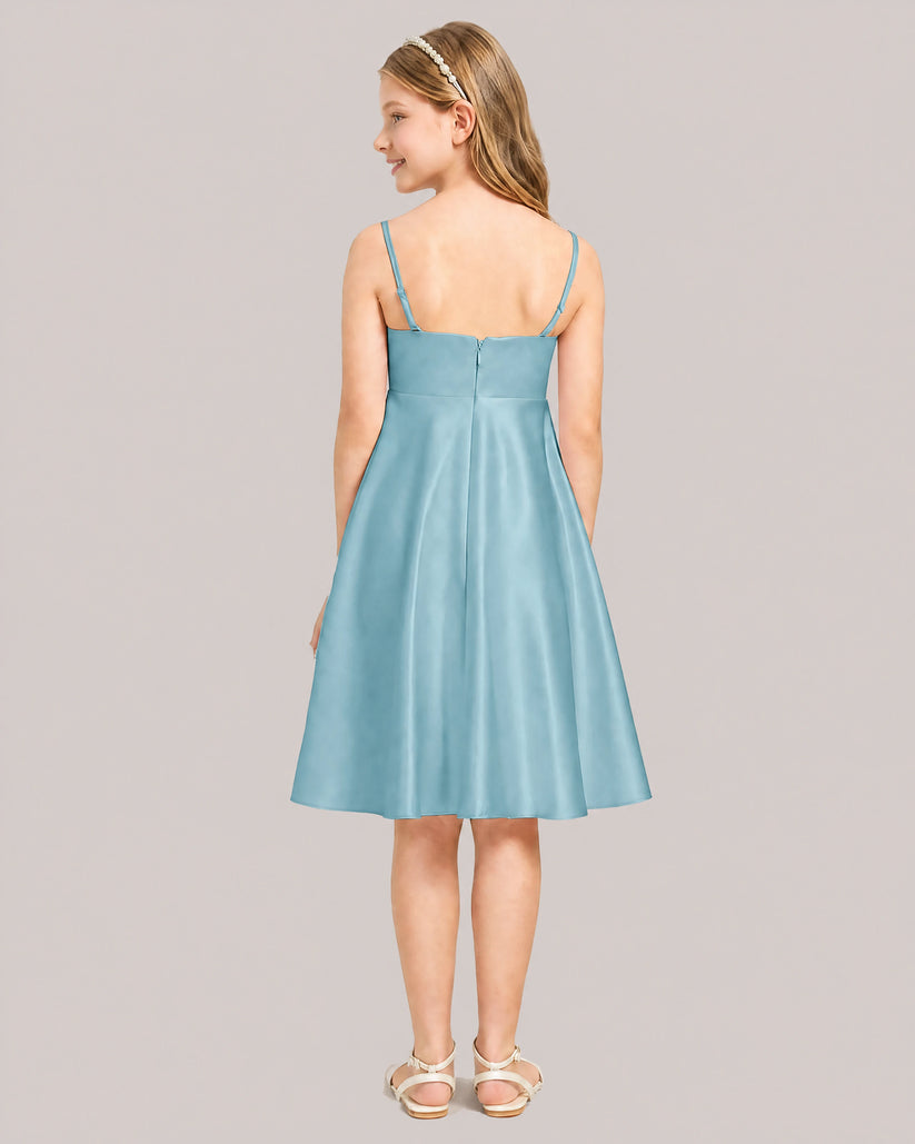 Turquoise Satin A-line Junior Bridesmaid Dress Back View