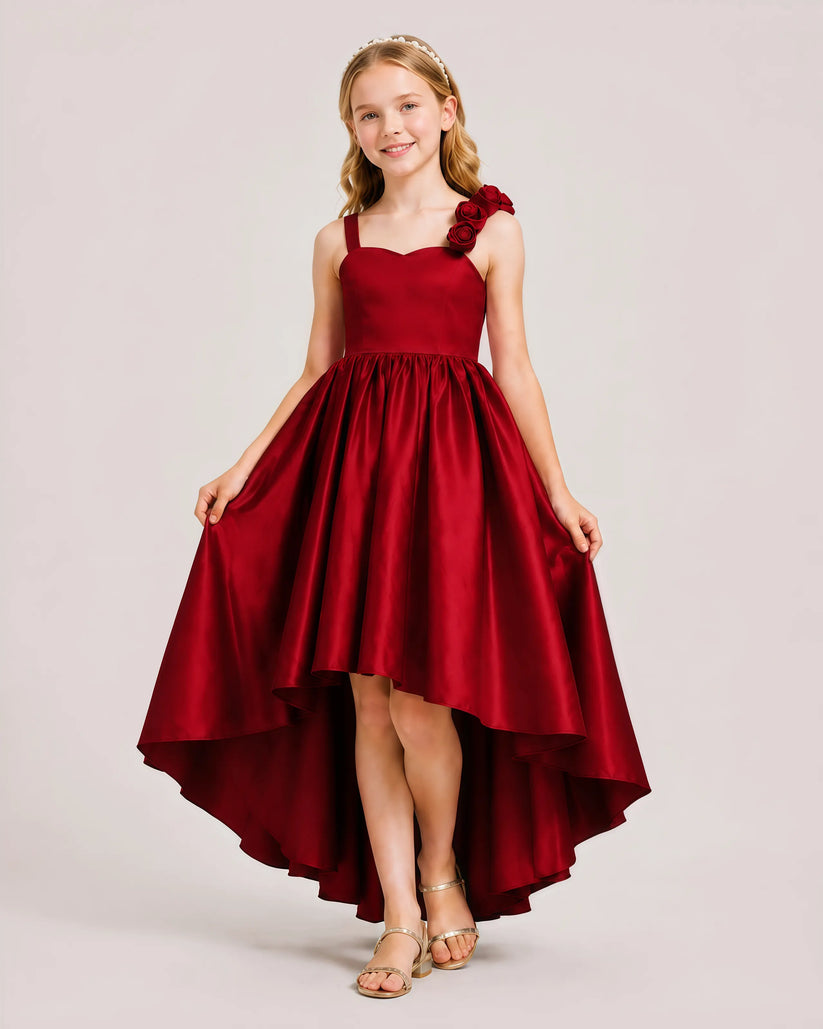 Burgundy Satin A-line Girls Formal Dress Front View