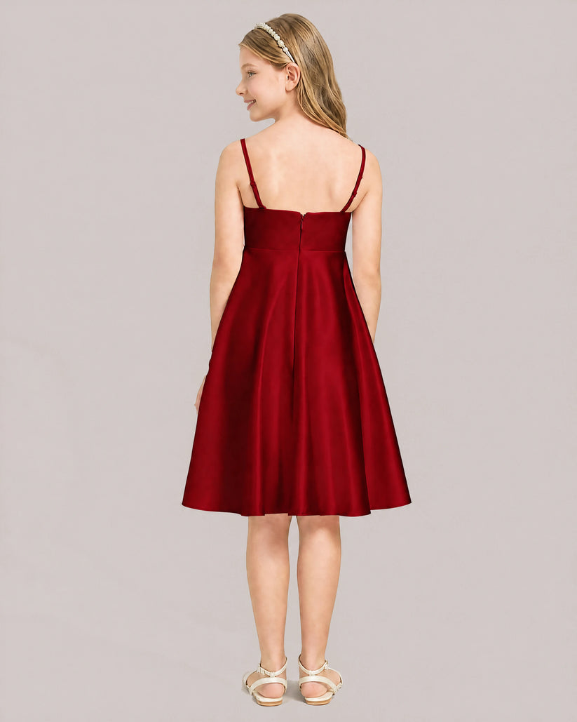Burgundy Satin A-line Junior Bridesmaid Dress Back View