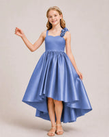 Dusty Blue Satin A-line Girls Formal Dress Front View