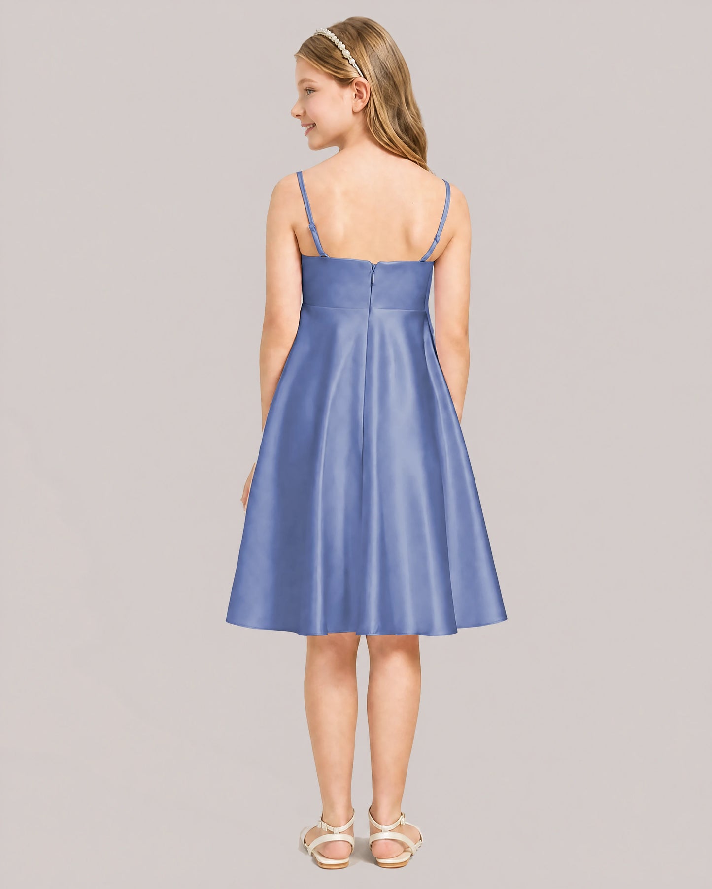 Dusty Blue Satin Short Flower Girl Dress 