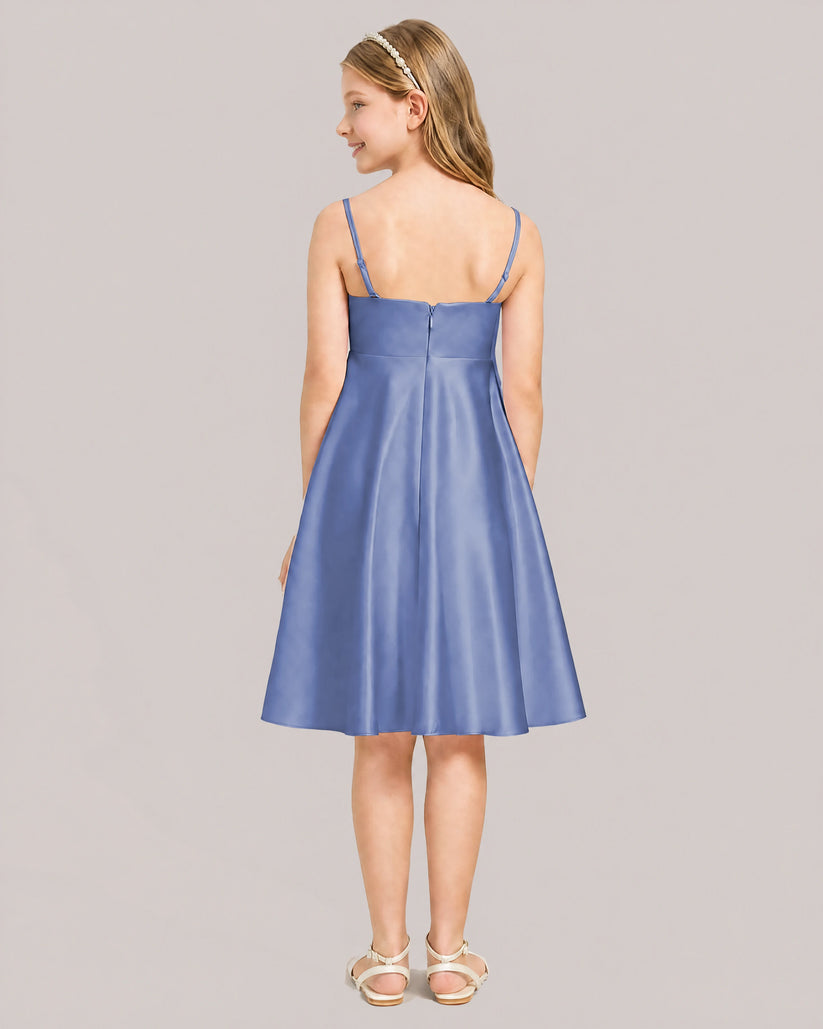 Dusty Blue Satin A-line Junior Bridesmaid Dress Back View