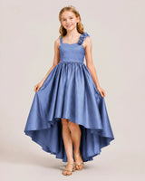 Dusty Blue Satin A-line Girls Formal Dress Front View
