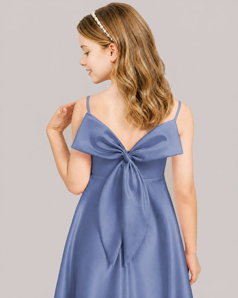 Dusty Blue Satin A-line Junior Bridesmaid Dress Back View