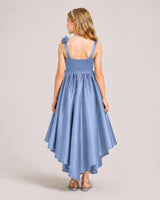 Dusty Blue Satin A-line Girls Formal Dress Back View