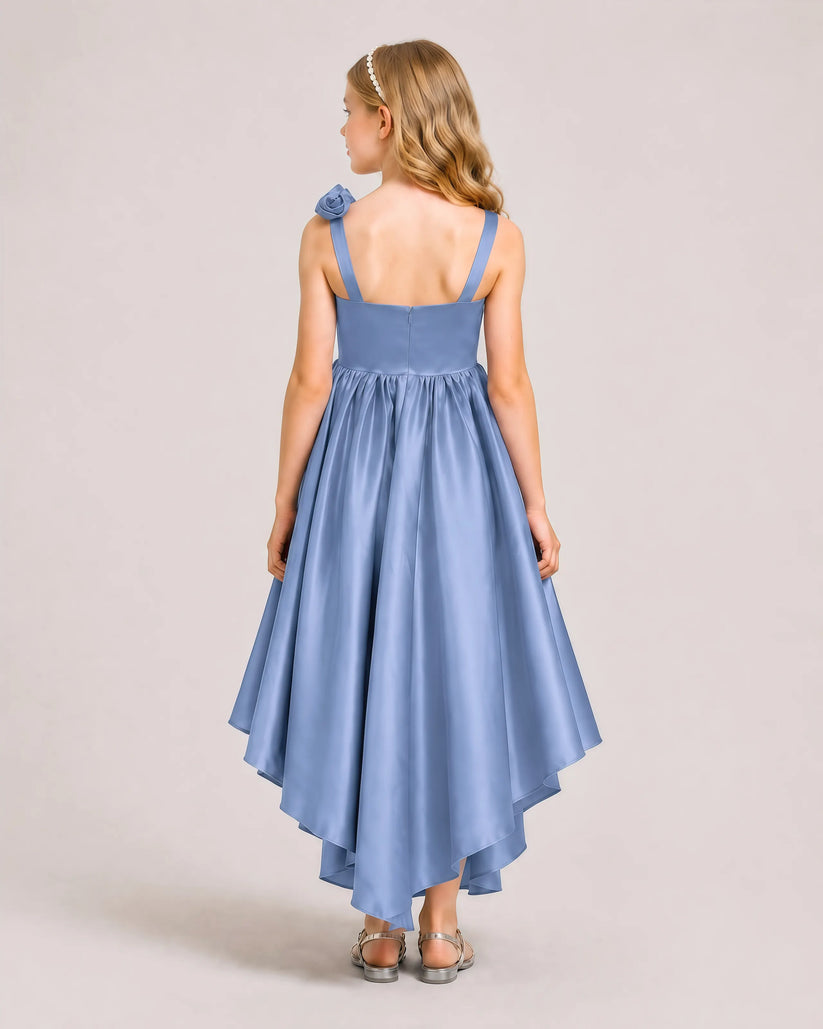 Dusty Blue Satin A-line Girls Formal Dress Back View