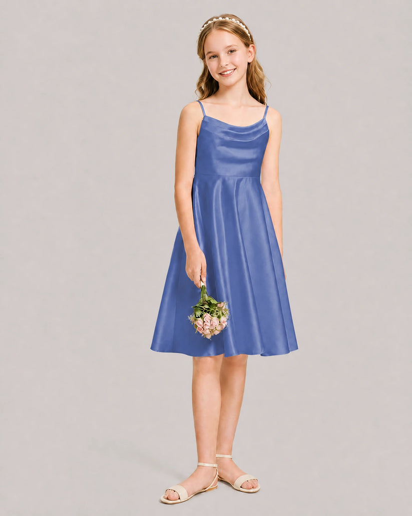 Dusty Blue Satin A-line Junior Bridesmaid Dress Front View