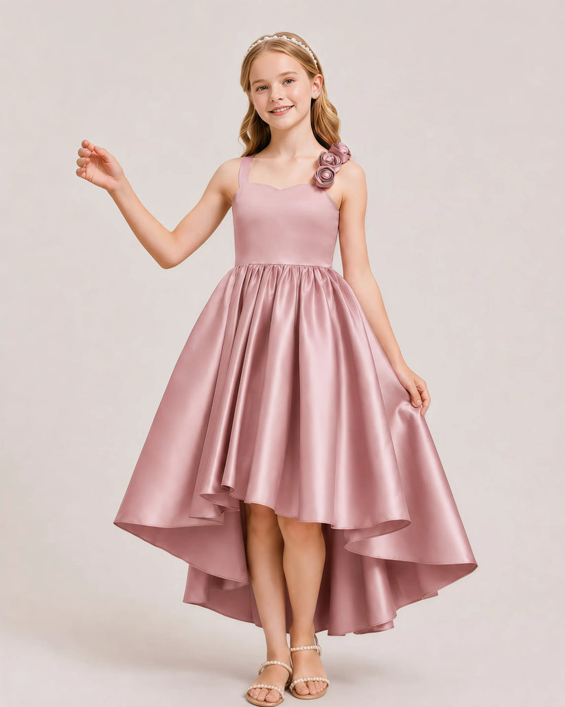 Dusty Rose Satin A-line Girls Formal Dress Front View