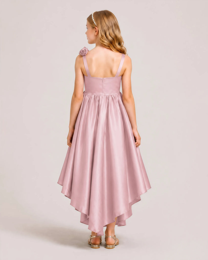 Dusty Rose Satin A-line Girls Formal Dress Back View