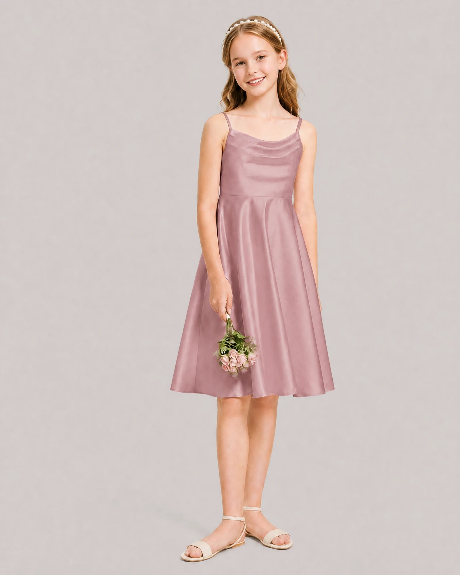 Dusty Rose Satin Short Flower Girl Dress 