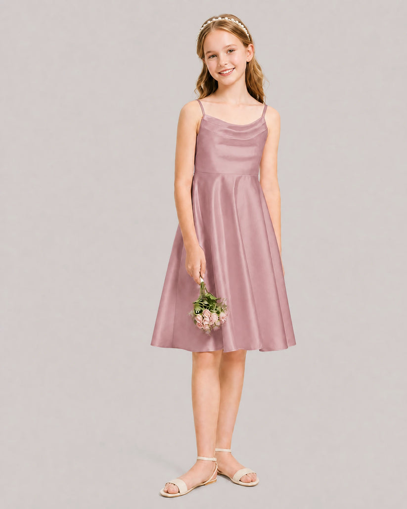 Dusty Rose Satin A-line Junior Bridesmaid Dress Front View
