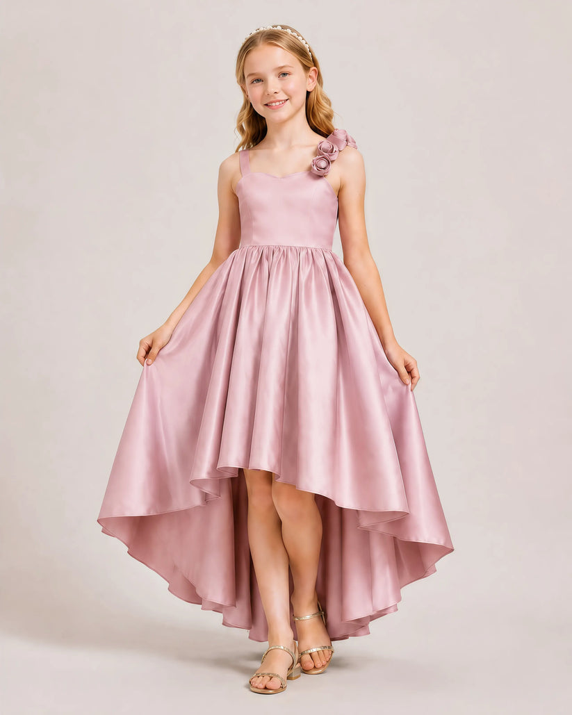 Dusty Rose Satin High-Low Girls Formal Dress Front View