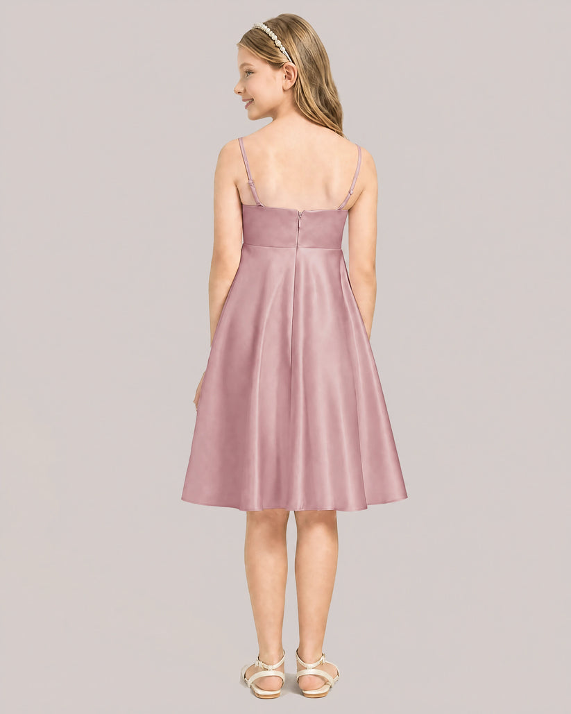 Dusty Rose Satin A-line Junior Bridesmaid Dress Back View