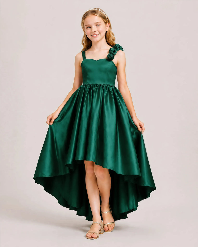 Emerald Green Satin A-line Girls Formal Dress Front View