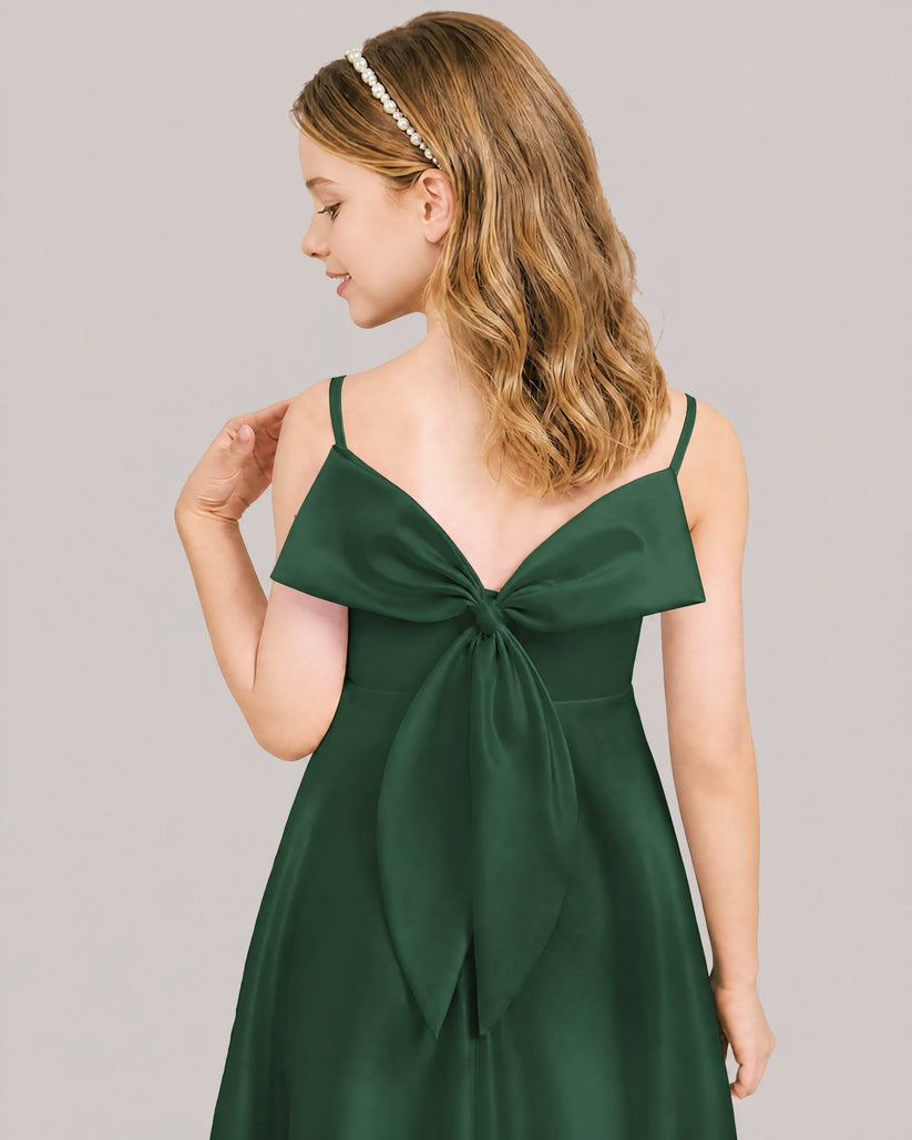 Emerald Satin A-line Junior Bridesmaid Dress Back View