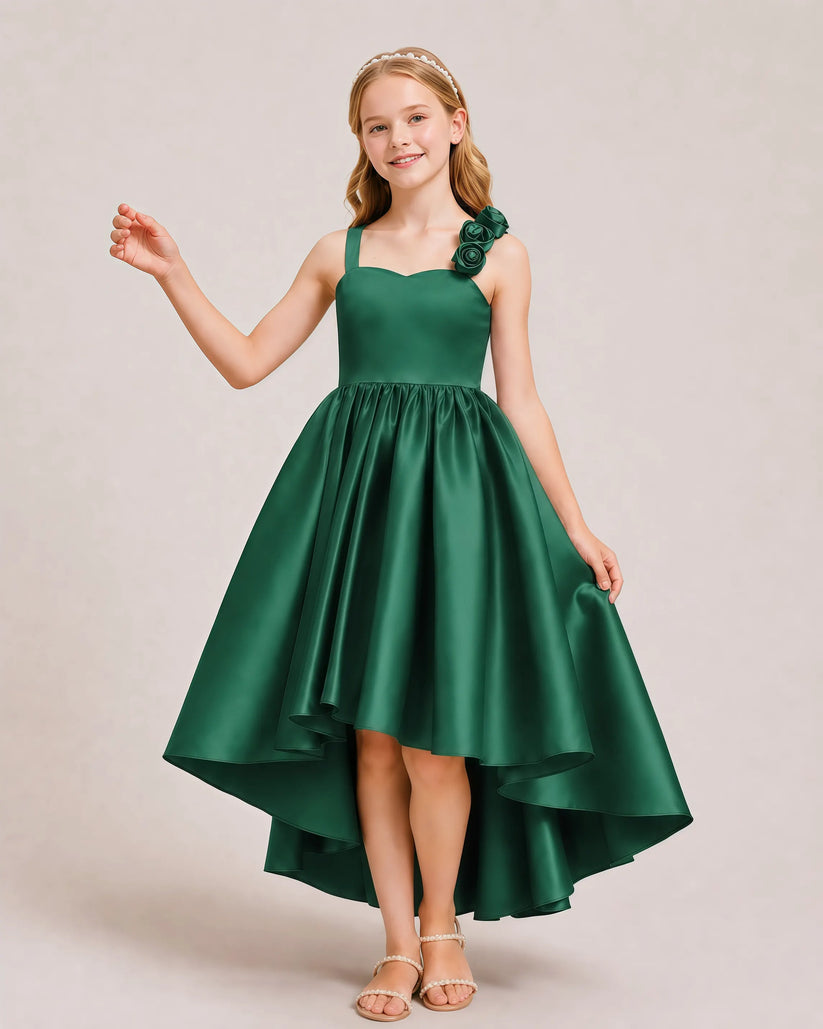Emerald Green Satin A-line Girls Formal Dress Front View