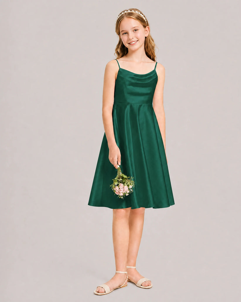 Emerald Satin A-line Junior Bridesmaid Dress Front View
