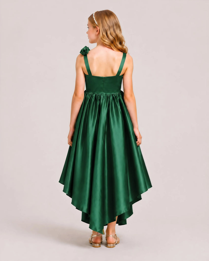 Emerald Green Satin A-line Girls Formal Dress Back View
