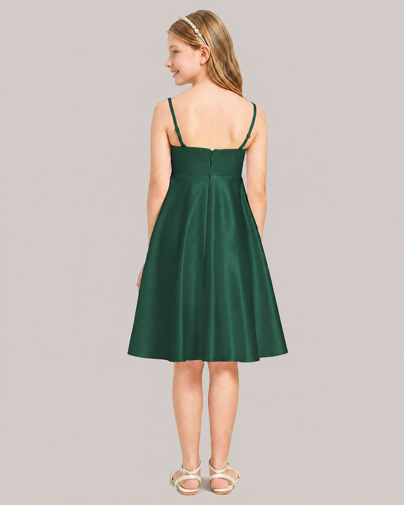 Emerald Satin A-line Junior Bridesmaid Dress Back View