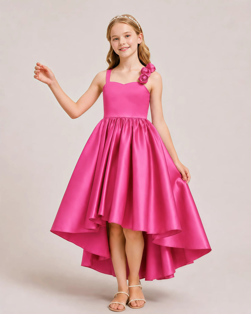 Hot Pink Satin A-line Girls Formal Dress Front View