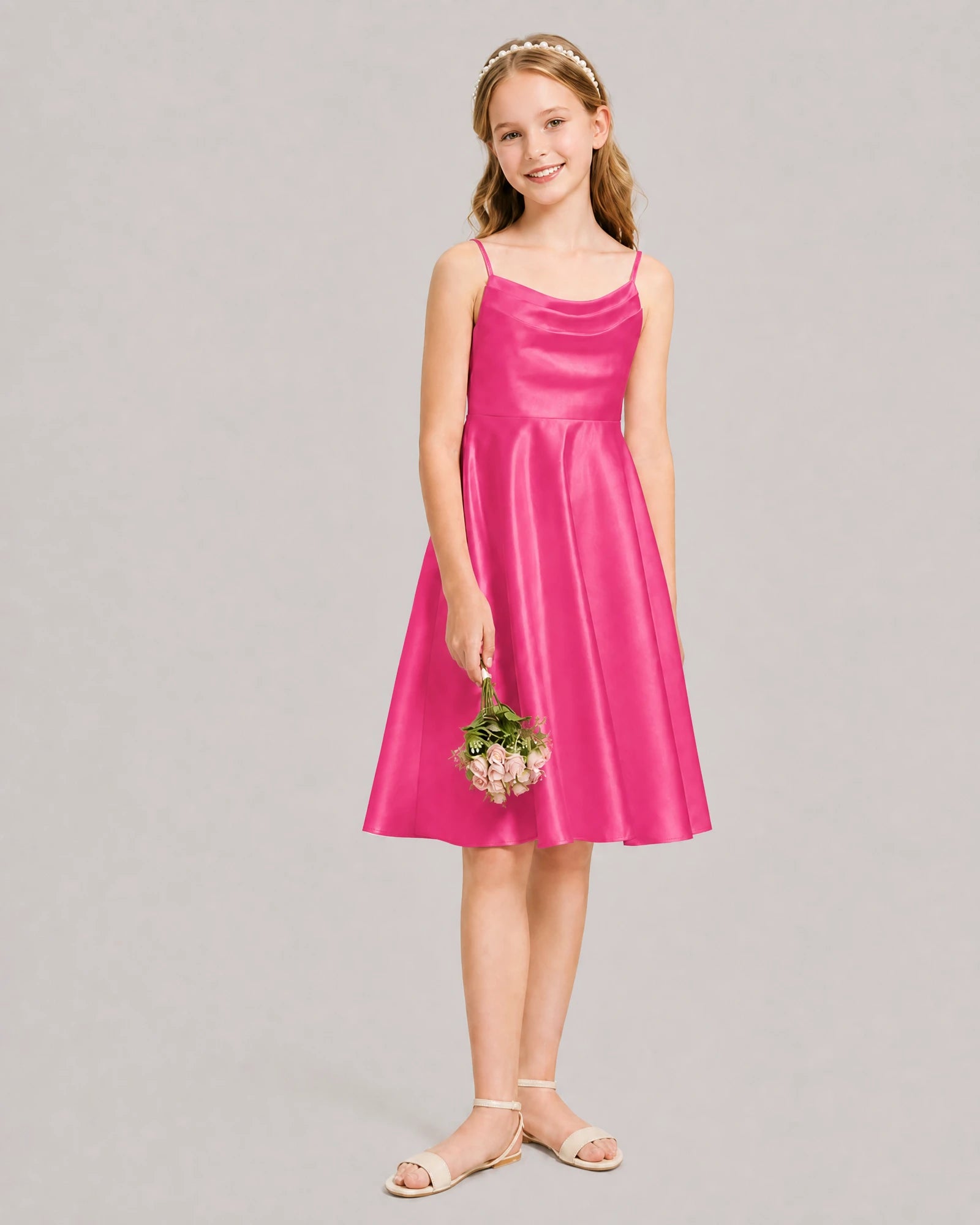 Hot Pink Satin Short Flower Girl Dress 