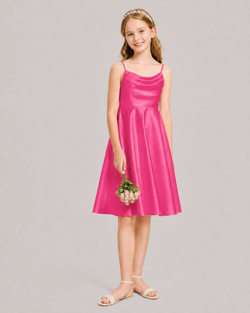 Hot Pink Satin A-line Junior Bridesmaid Dress Front View