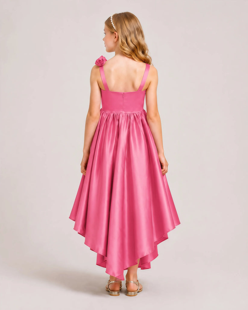 Hot Pink Satin A-line Girls Formal Dress Back View